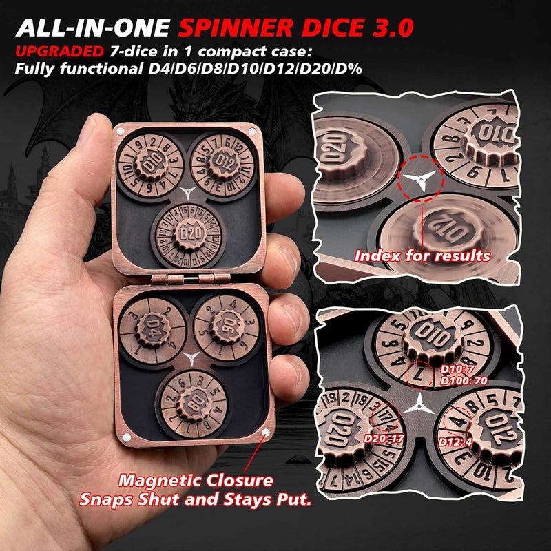 Haxtec Spinner Dice 7-in-1 Metal DND Dice Set Unique Dice Spinner Antique Compatible with Dungeons and Dragons in Magnetic Iron Box DND Gifts RPG Role Playing Rotate Gaming Dice - Image 2